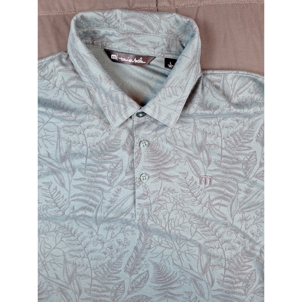 Travis Mathew Polo Shirt Men Large Blue Floral Button Golf Embroidery‎ L Foliage